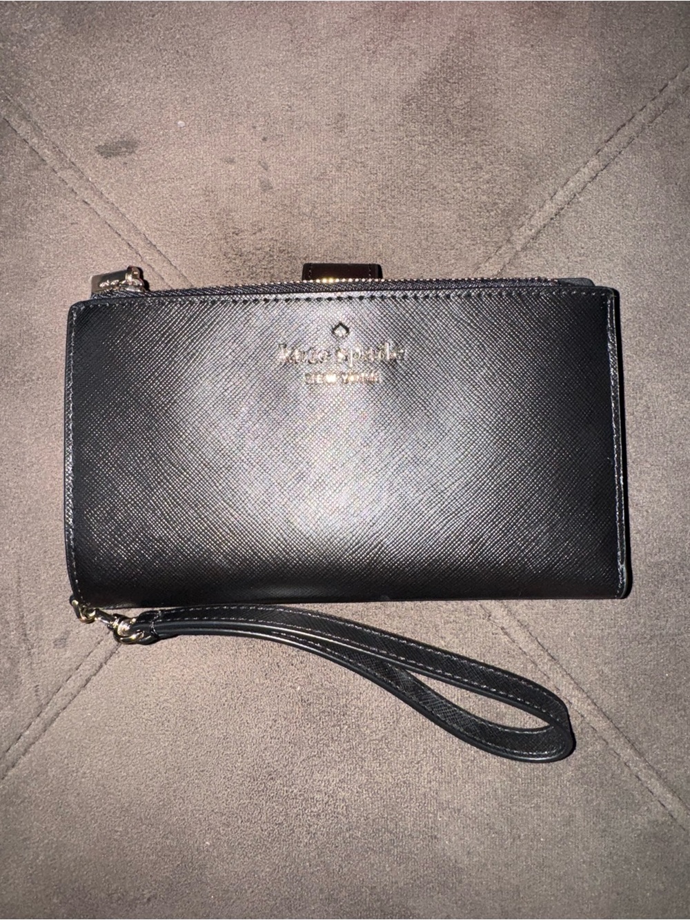 kate spade Black Saffiano Leather Wristlet Wallet with Gold Logo